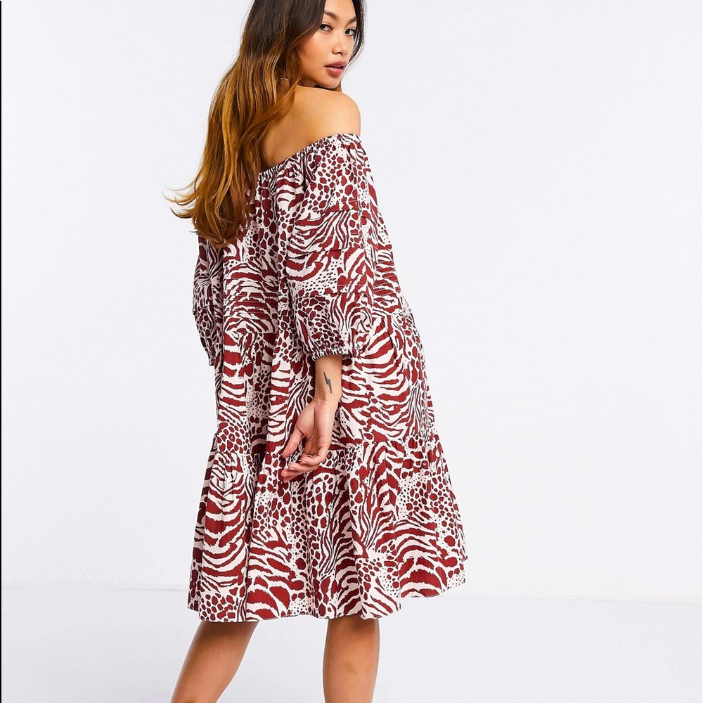 Mango poplin animal print off the shoulder smock dress in red/offwhite SZ: M